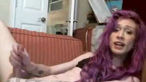 Thin Purple Hair tranny Cums Twice